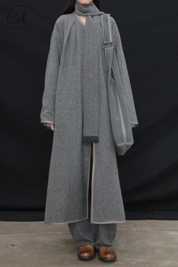 Mutedance 24 Autumn and Winter Collarless Buttoned Belt Long Coat MD-MD24FW19-GRAY MD24FW19 MD24FW20
